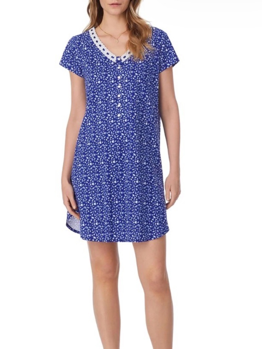 Eileen West Blue Floral Cotton Nightgown Lace Trim Cottagecore Sleep Dress SM